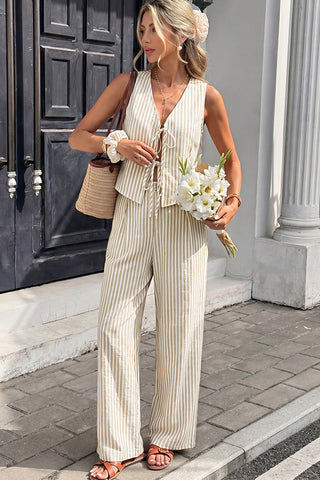 Stripe Print Tie Front Cutout Two Piece Set