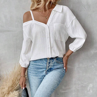 Solid Color Lapel Off-Shoulder Casual Shirt