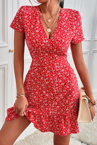Fashion Floral Print V Neck Mini Dress