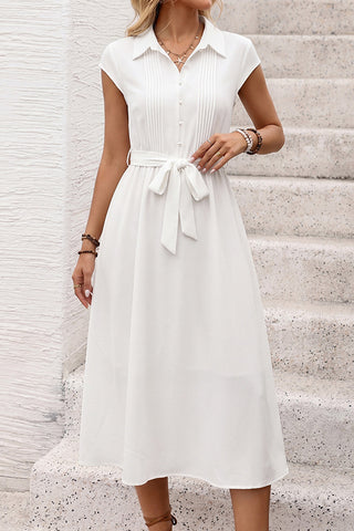 Solid Color Lapel Tie Waist Casual Dress