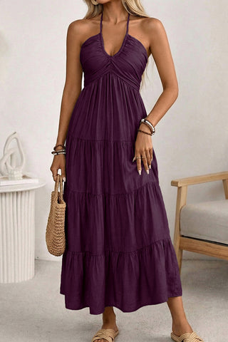 V Neck Smocked Back Halter Neck Maxi Dress