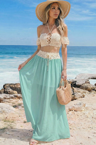 Fashion Crochet Hollow Chiffon Dress Two Piece Set
