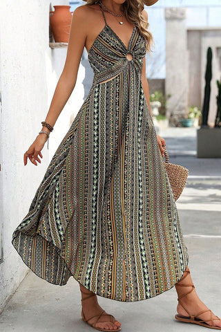 Ethnic Style Printed Cutout Halter Neck Dress
