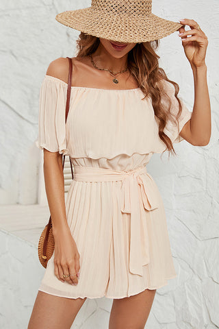Off The Shoulder Solid Tie Waist Pleated Romper