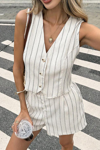 V Neck Stripe Print Casual Two Piece Set