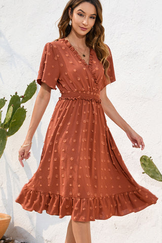Solid Color V Neck Frill Smocked Waist Dress
