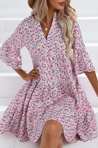 Floral Print V Neck Flared Sleeves Casual Dress
