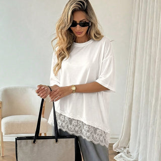 Lace Patchwork Solid Round Neck Casual Top