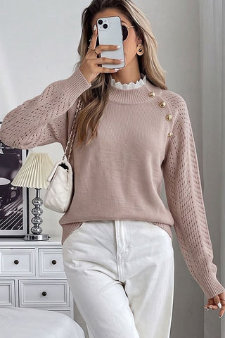 Lace Patchwork Color Block Button Detail Sweater