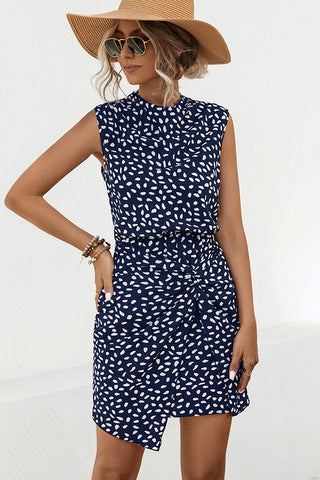 Polka Dot Print Cowl Neck Sleeveless Mini Dress