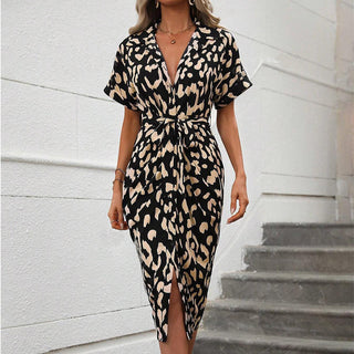 Leopard Print V Neck Button Tie Waist Dress