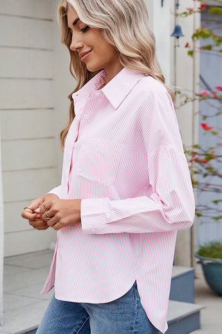 Stripe Print Lapel Button Long Sleeve Shirt