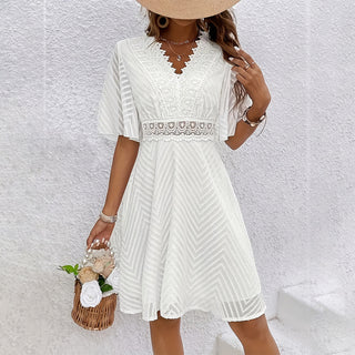 V Neck Lace Patchwork Hollow Solid Dress