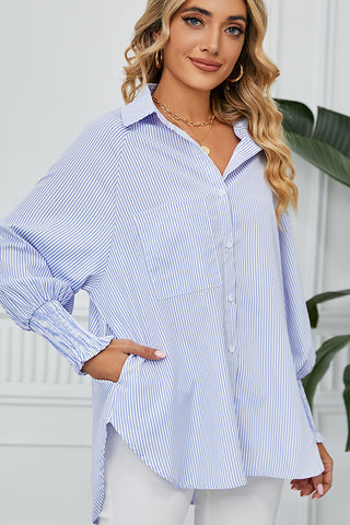 Ruched Cuff Striped Loose Fit Shirt Top