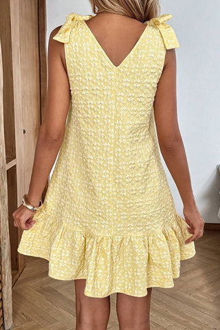 V Neck Bow Straps Jacquard Button Dress