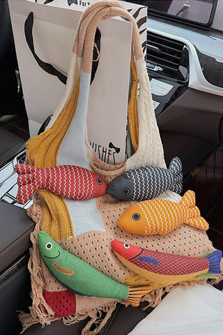 Bohemian Style Fish Design Color Block Knitted Bags