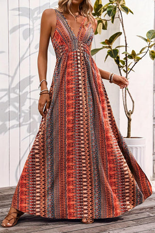 Fashion V Neck Printed Slit Design Maxi Dress
