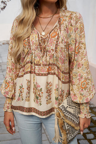 Boho Print V Neck Tie Front Long Sleeve Top