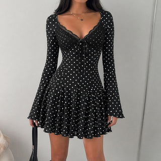 Vintage Polka Dot Print Lace V Neck Mini Dress