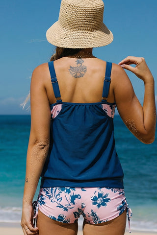 Floral Print Patchwork Scoop Neck Tankini Set