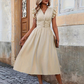 V Neck Solid Ruffle Sleeves Smocked Waist Dress