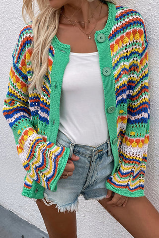 Color Block Hollow Knitted Open Front Cardigan