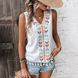 Fashion Printed V Neck Tassel Casual Top