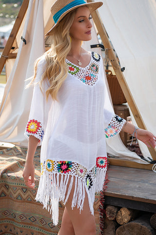 Ethnic Style V Neck Hollow Tassel Swimsuit Cover Up