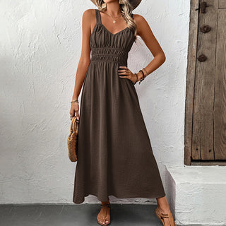 V Neck Solid Color Tie Back Casual Dress