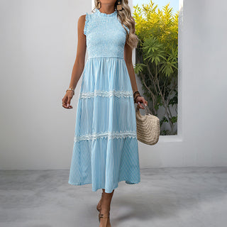 Lace Patchwork Smocked Printed Dress