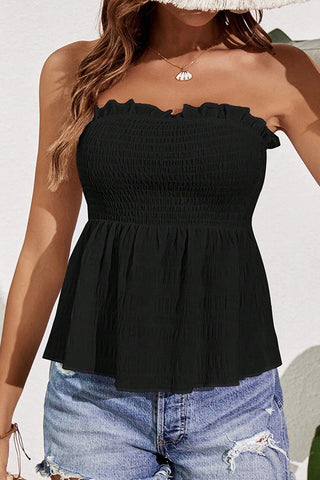 Smocked Chest Bandeau Frill Solid Tops