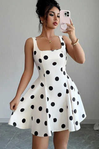 Dots Print Square Neck Cinched Waist Dress
