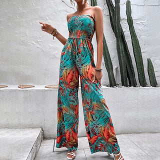 Fashion Printed Smocked Bandeau Jumpsuit