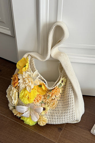 Flower Design Color Block Weave Bag