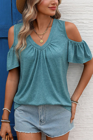 V Neck Solid Off-Shoulder Ruched Casual Tops