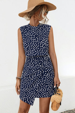 Polka Dot Print Cowl Neck Sleeveless Mini Dress