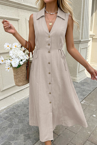 V Neck Solid Color Lapel Sleeveless Dress
