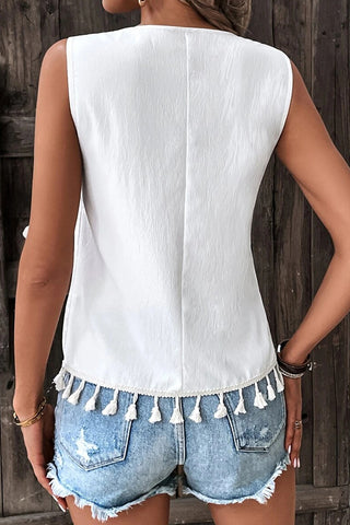 Fashion Printed V Neck Tassel Casual Top