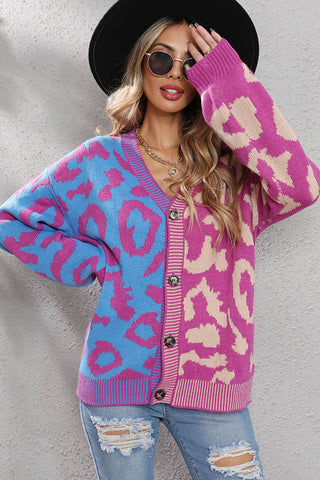 Leopard Patchwork Color Block Button Cardigan