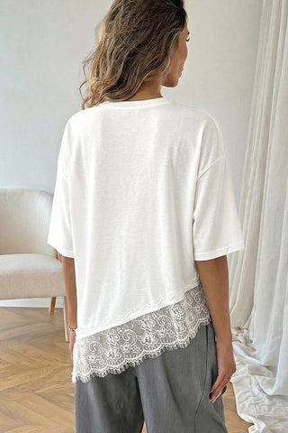 Lace Patchwork Solid Round Neck Casual Top
