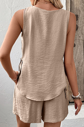 Solid Color Round Neck Tie Side Two Piece Set