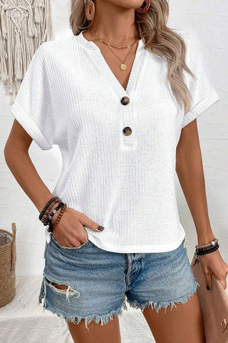 Solid Color V Neck Button Casual T-Shirt