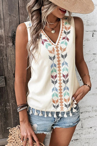 Bohemian Embroidered Spliced Hem Tassel Tops
