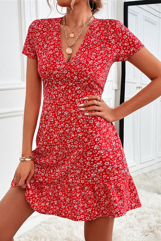 Fashion Floral Print V Neck Mini Dress