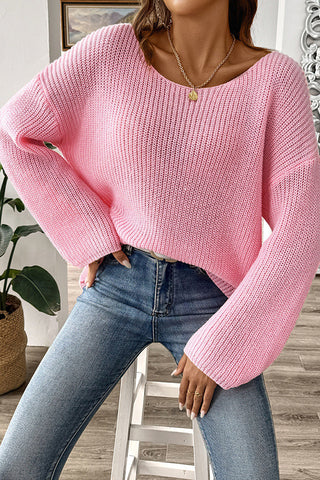 Solid Color Knitted Flared Sleeves Casual Sweater