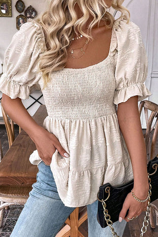 Solid Color Square Neck Smocked Casual Top