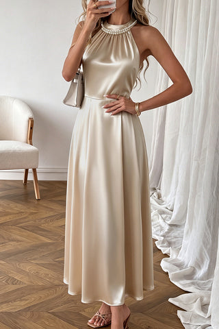 Minimalist Luxury Satin Halter Beaded Neckline Dress