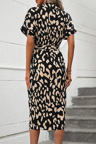 Leopard Print V Neck Button Tie Waist Dress