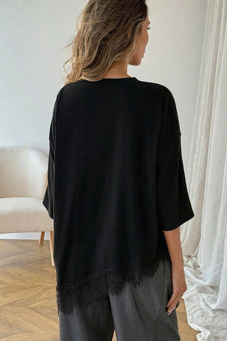 Lace Patchwork Asymmetrical Hem Casual Tops