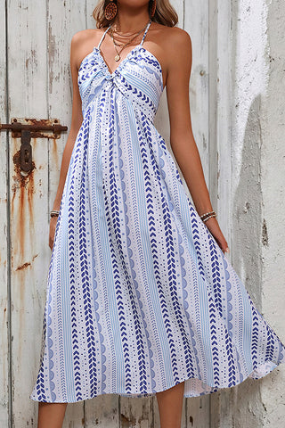 Resort Style V Neck Frill Printed Halter Neck Dress